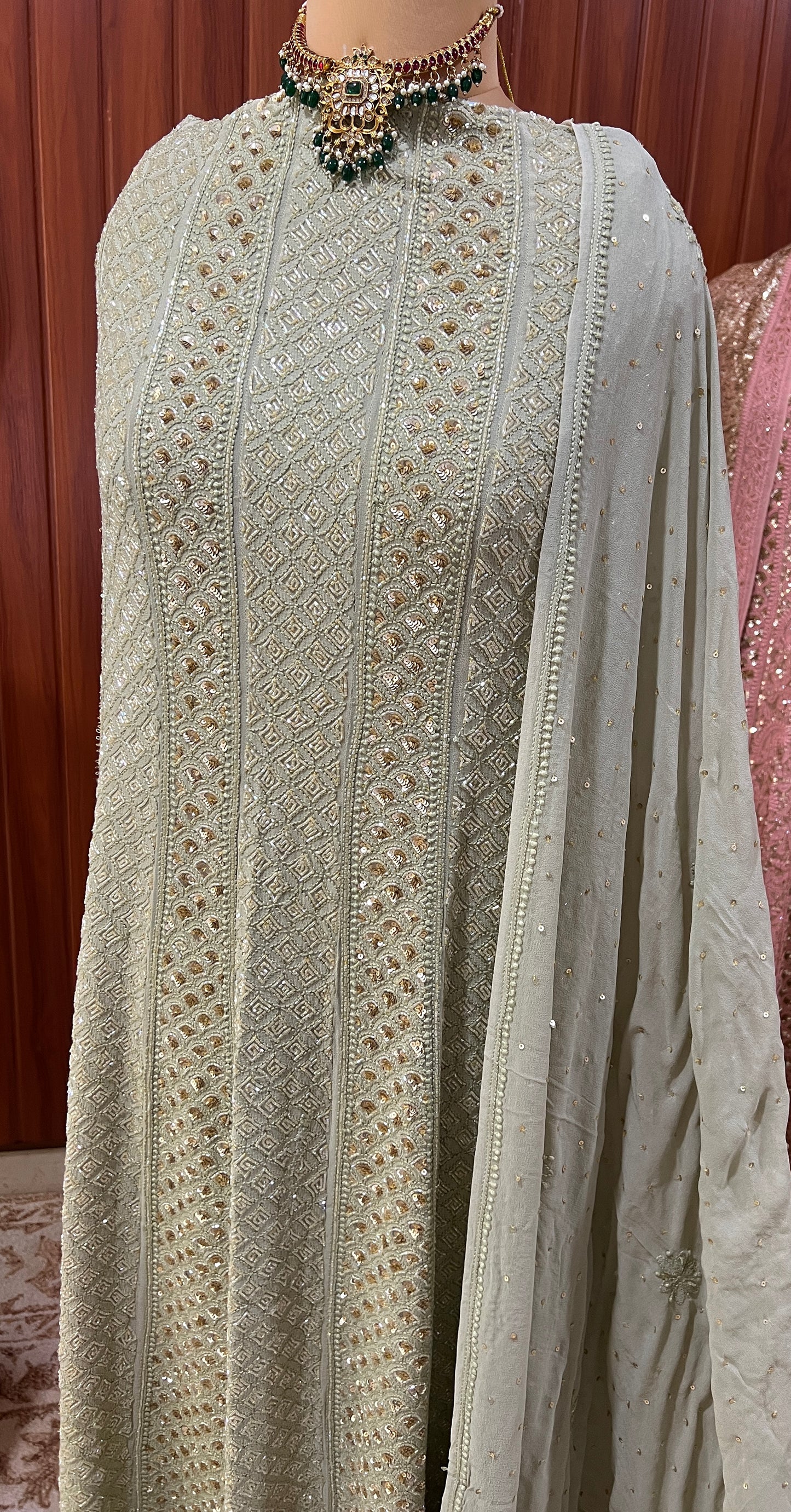Ruhani Sage green Chikankari Sequins and Cut Dana Anarkali