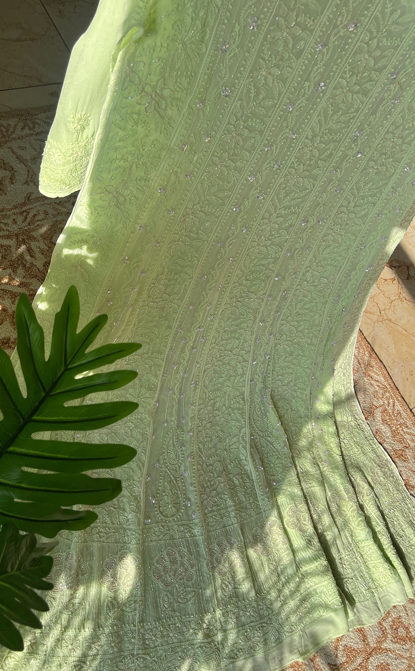Pistachio Green Chikankari Sequins and Cut Dana Anarkali