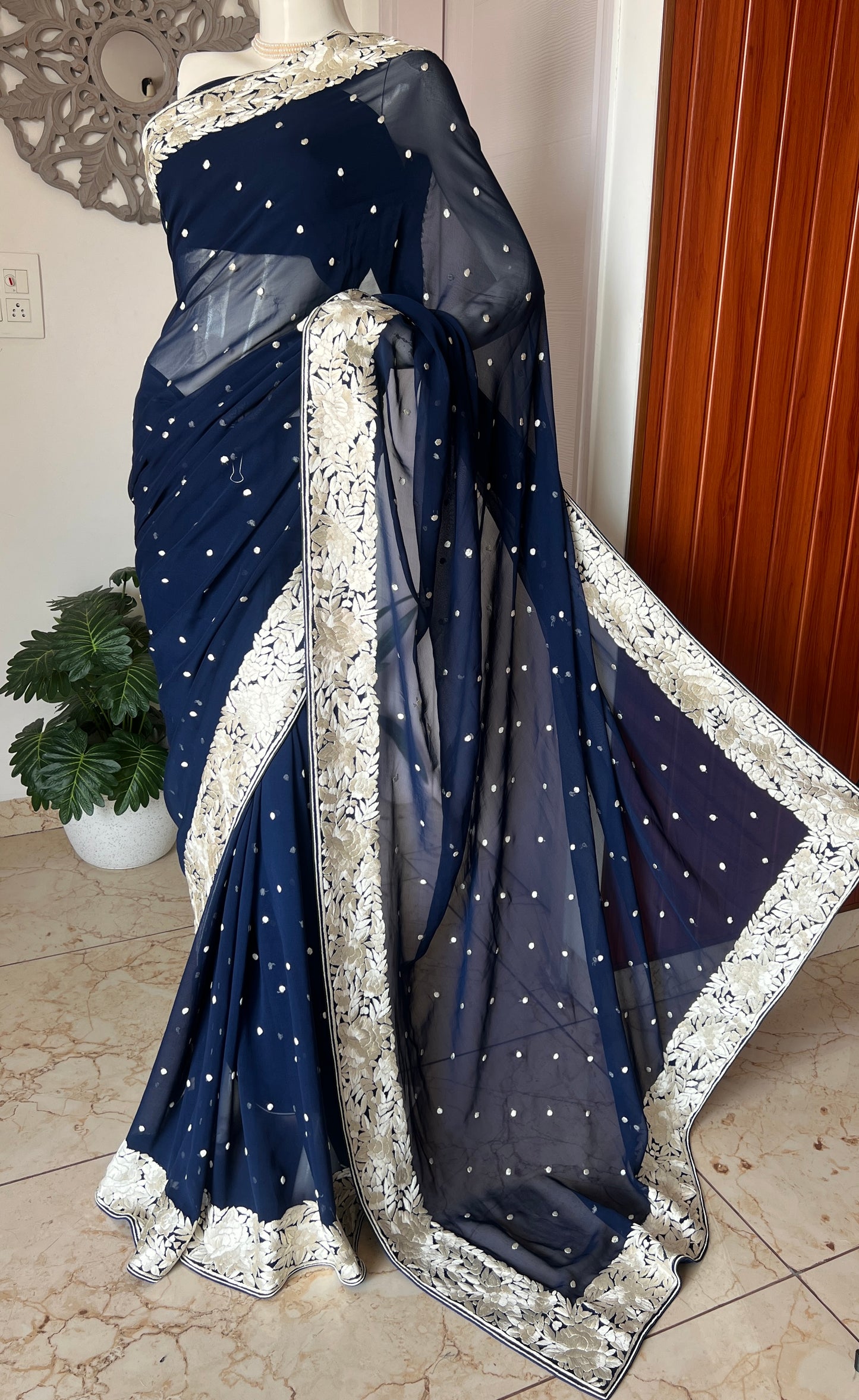Navy Blue Pure Georgette Parsi Gara Hand Embroidered Saree