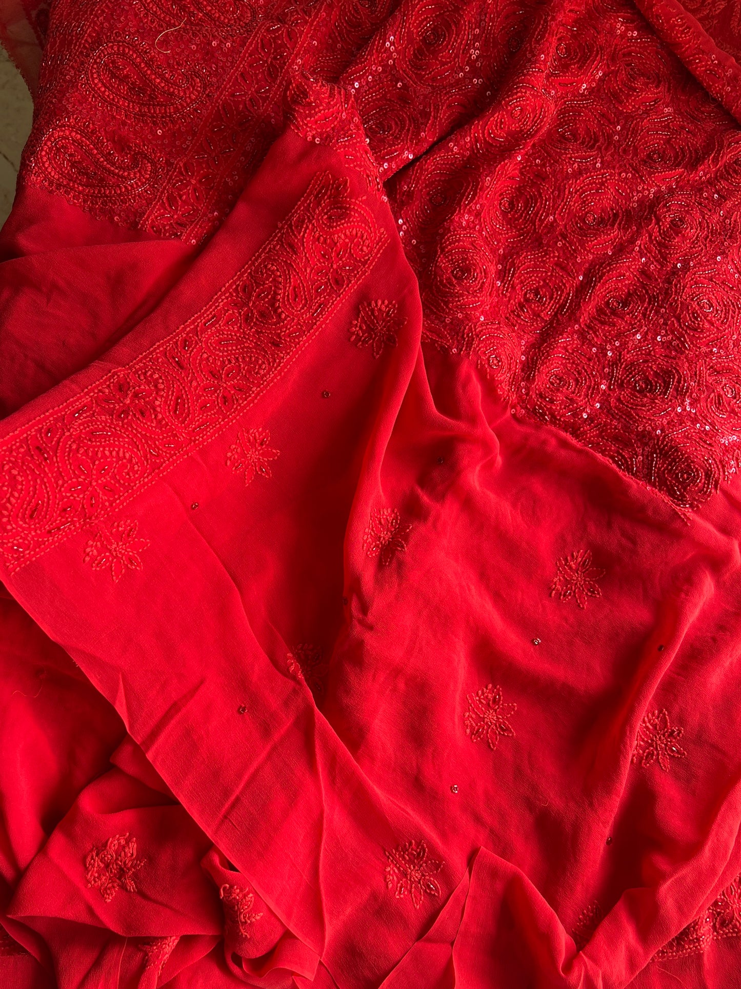 Ruhani Red Chikankari self cut dana sequins kurta and dupatta