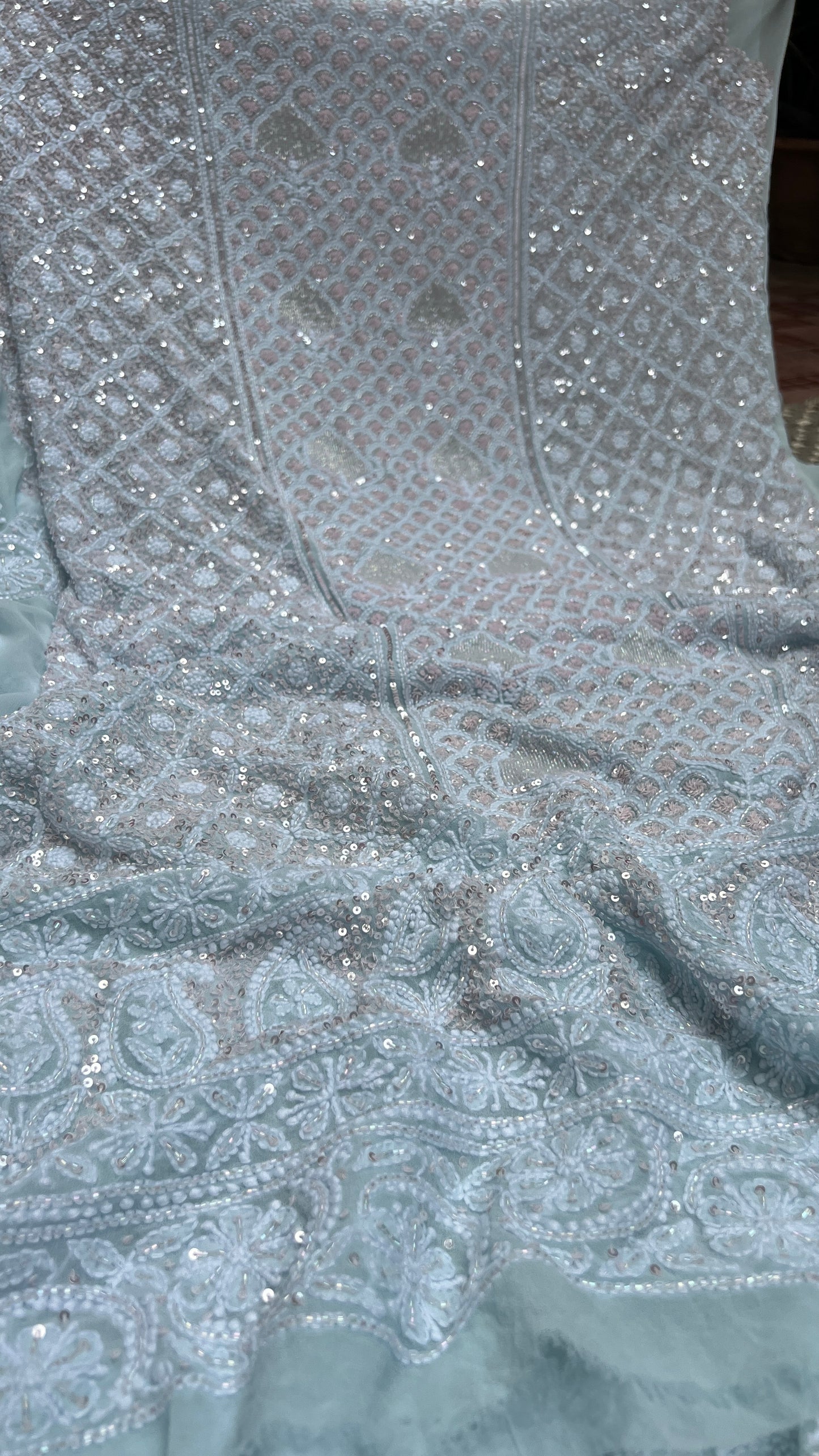 Ruhani Sky Blue with pink cut dana sequins kurta and dupatta