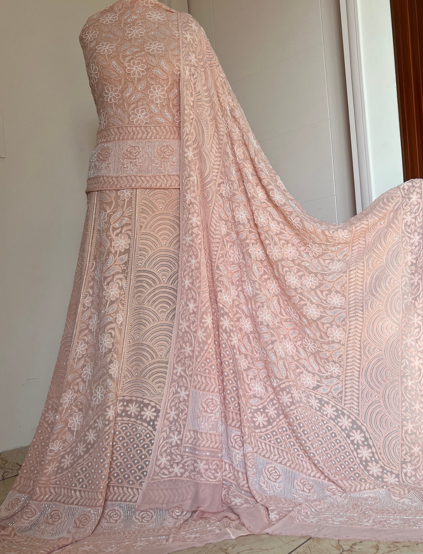 Dusty peach Chikankari Cut Dana and Pearl Lehenga