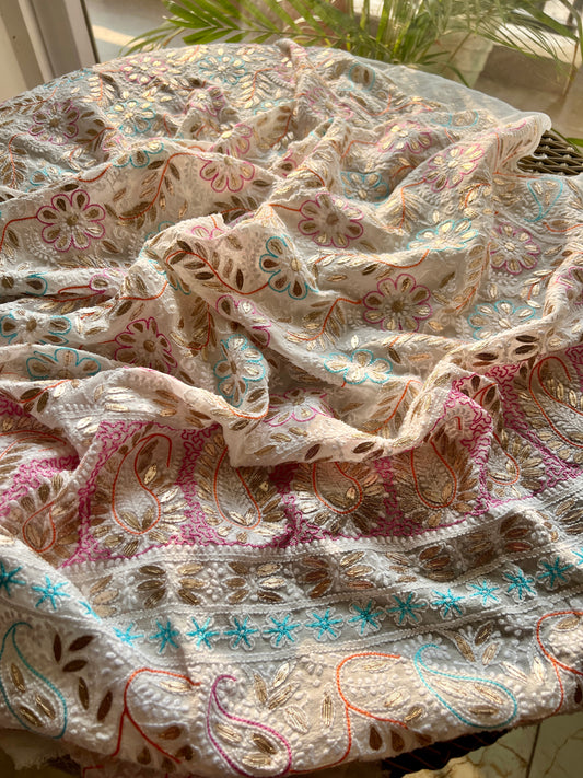 Ruhani Ivory Chikankari multicolored resham and gota patti pure georgette wedding dupatta