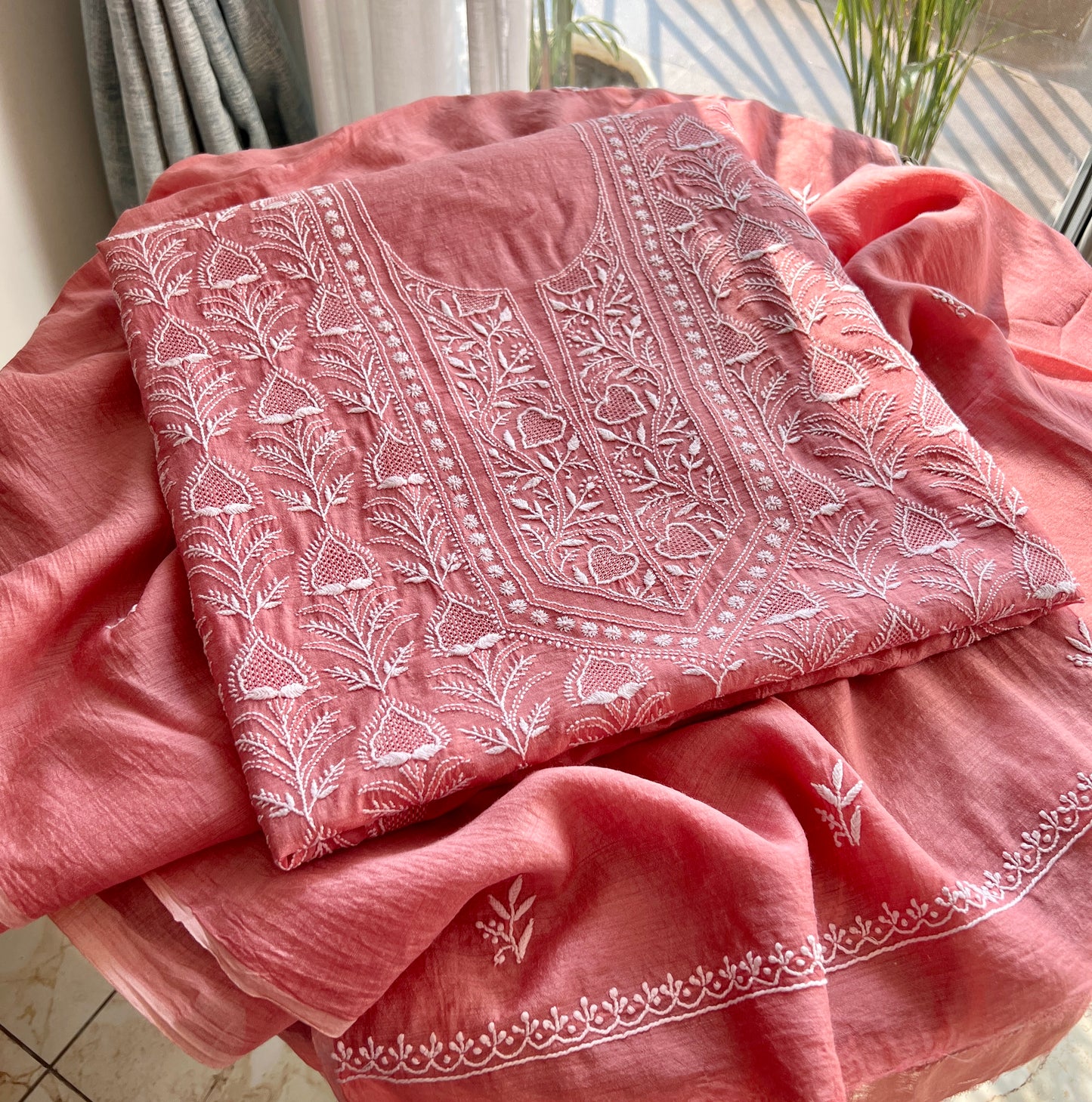 Moonga Silk Chikankari and fine jaali work kurta and dupatta