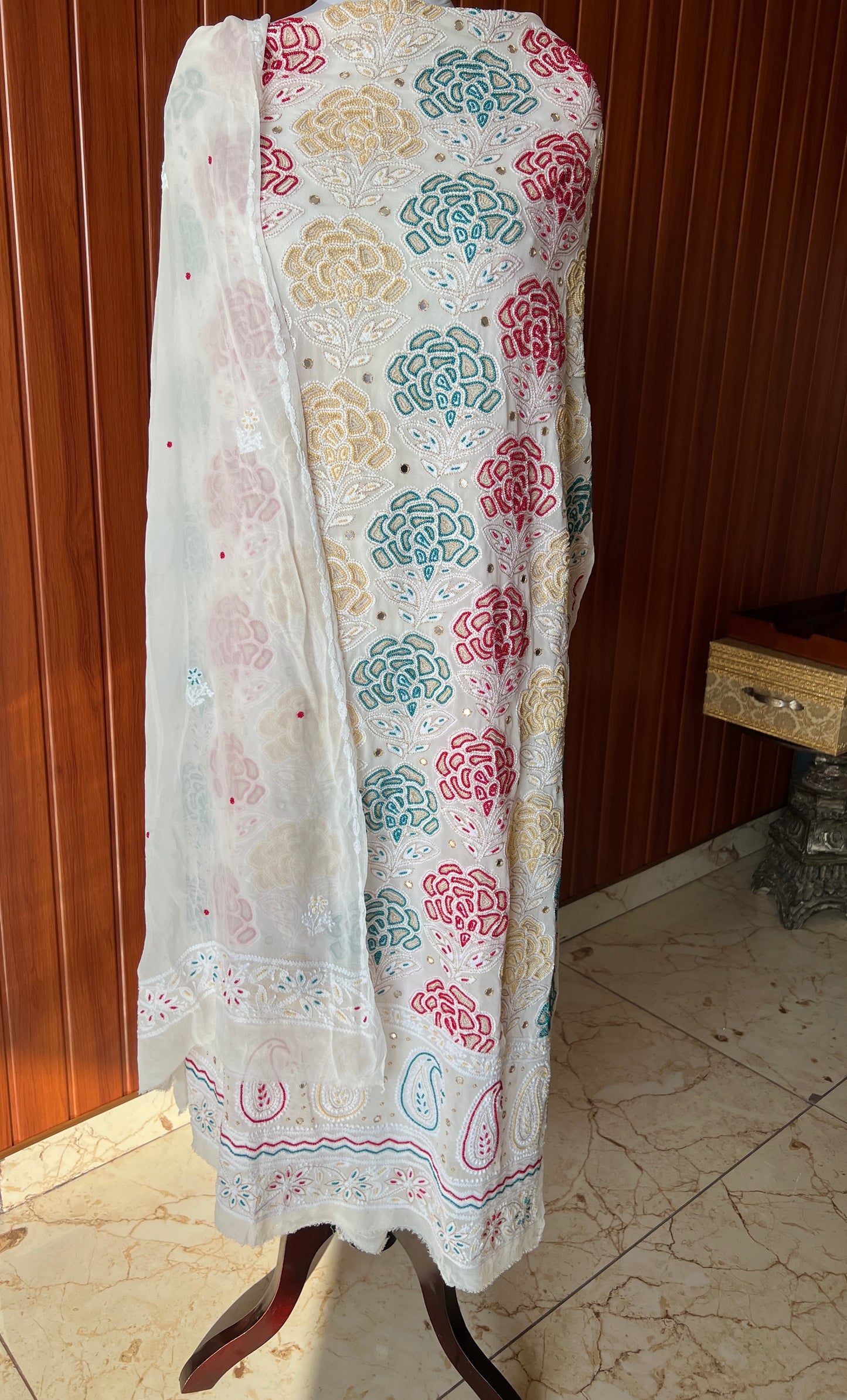 Ivory Chikankari and multicolored Pearl Embroidered Kurta and Dupatta