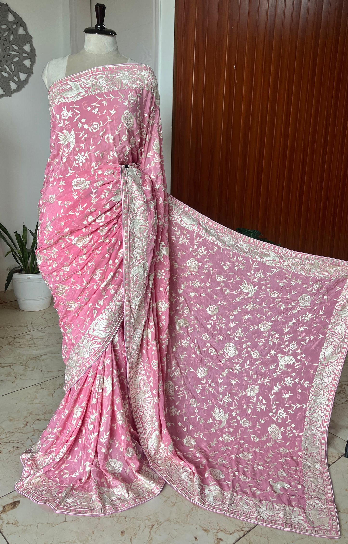 Pink Masterpiece Parsi Gara Pure Crepe Saree