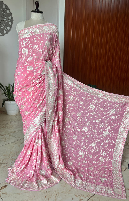 Pink Masterpiece Parsi Gara Pure Crepe Saree