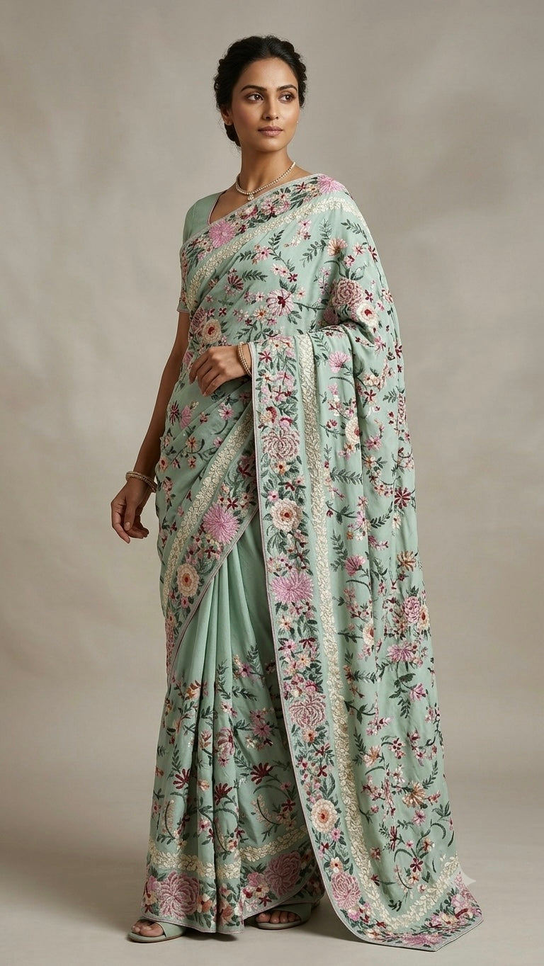 Mint Green Masterpiece Parsi Gara Pure Crepe Saree