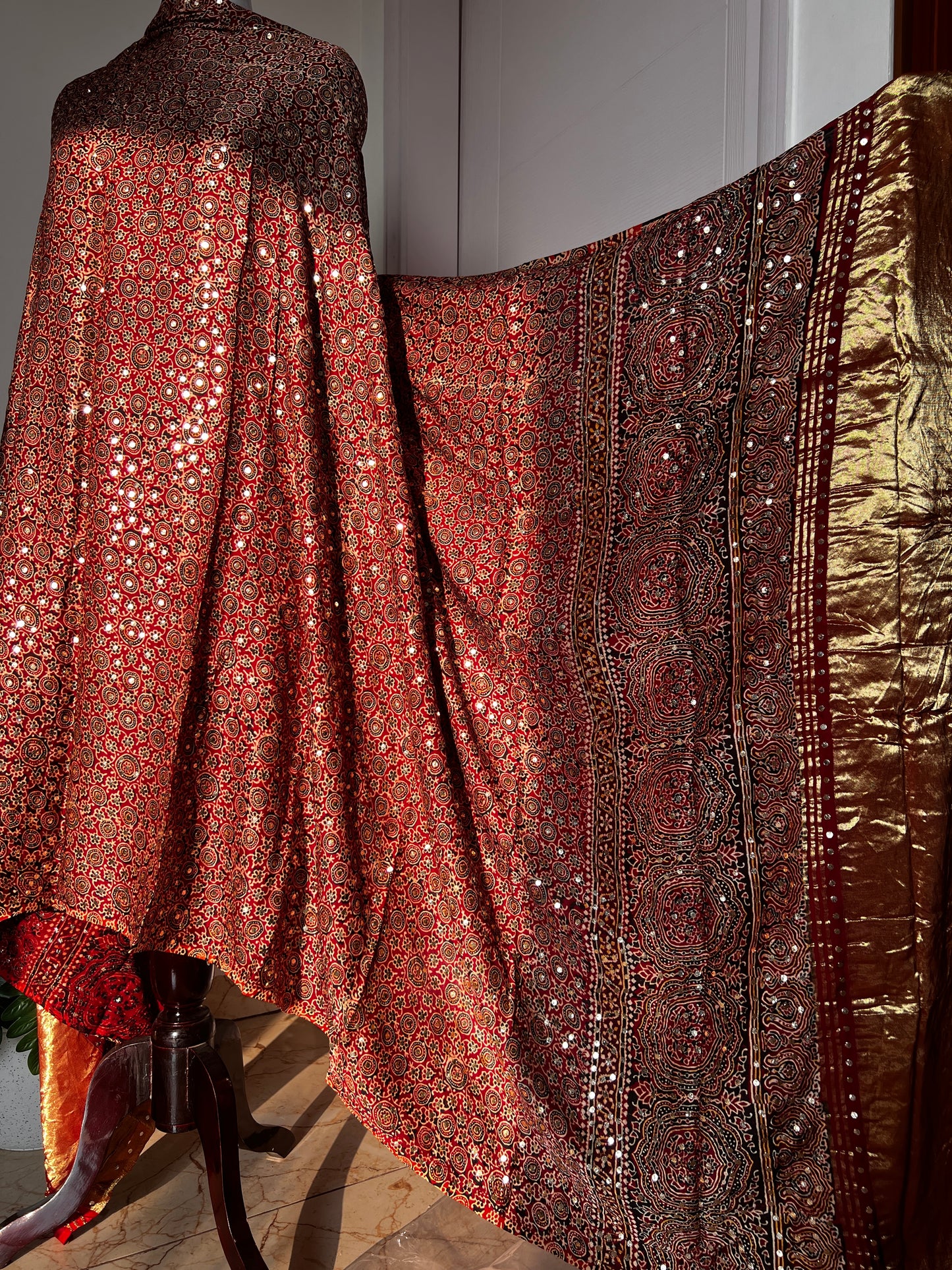 Maroon modal silk ajrakh block printed dupatta with heavy mukaish