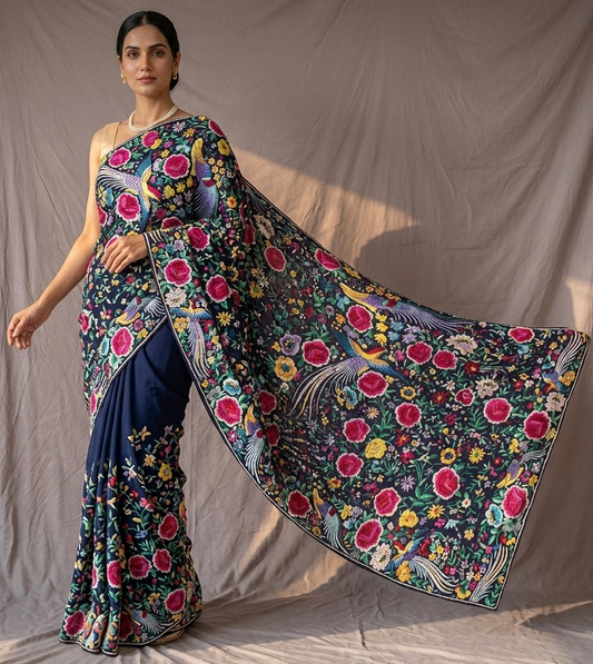 Blue Masterpiece heavy jaal Parsi Gara Hand Embroidered Saree