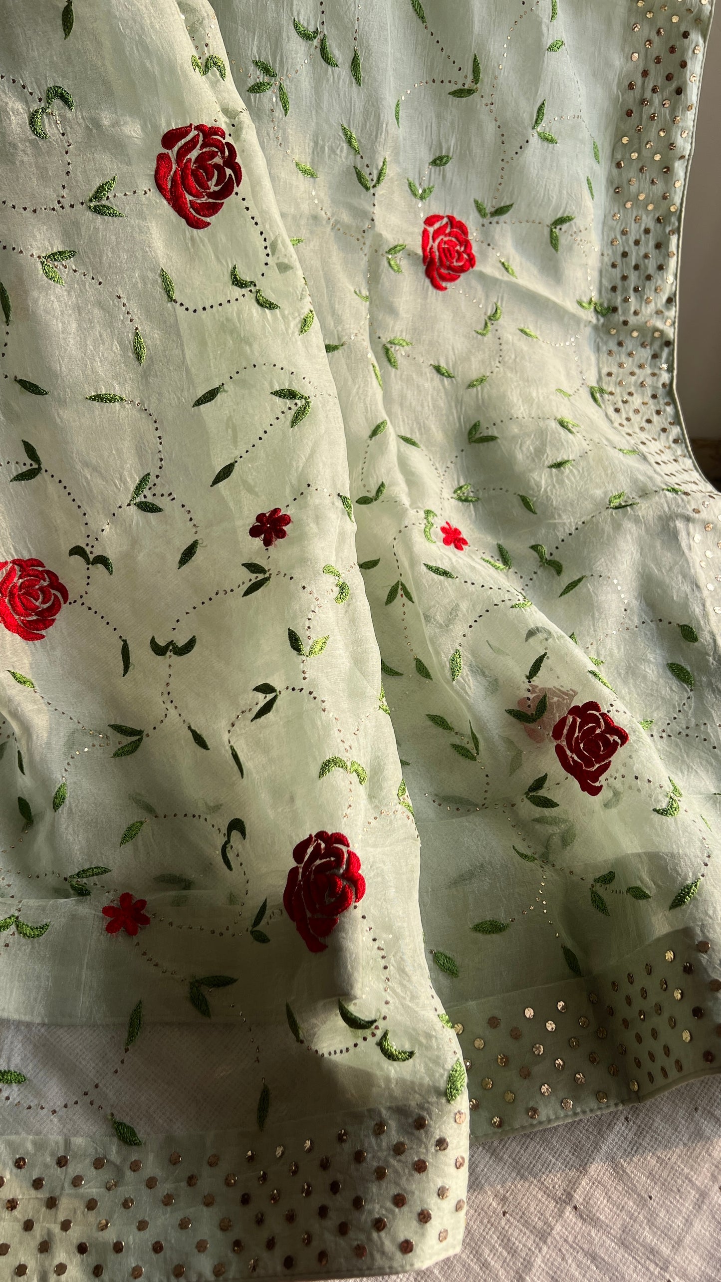 Ruhani Pista green Pure Organza Saree with Resham and Mukaish Work