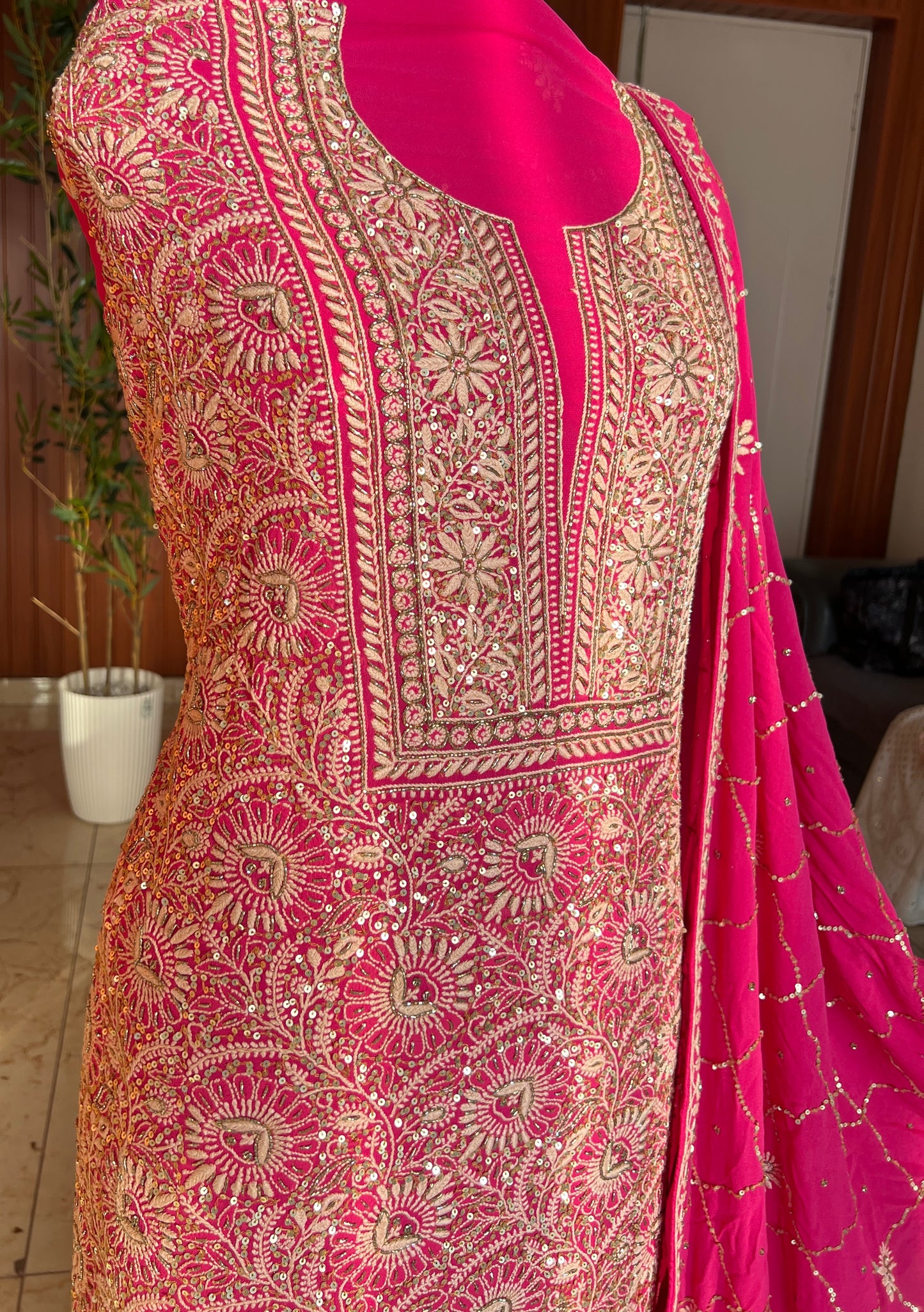 Suhaan Rani Pink 3 taar Chikankari kurta with heavy sequinned dupatta
