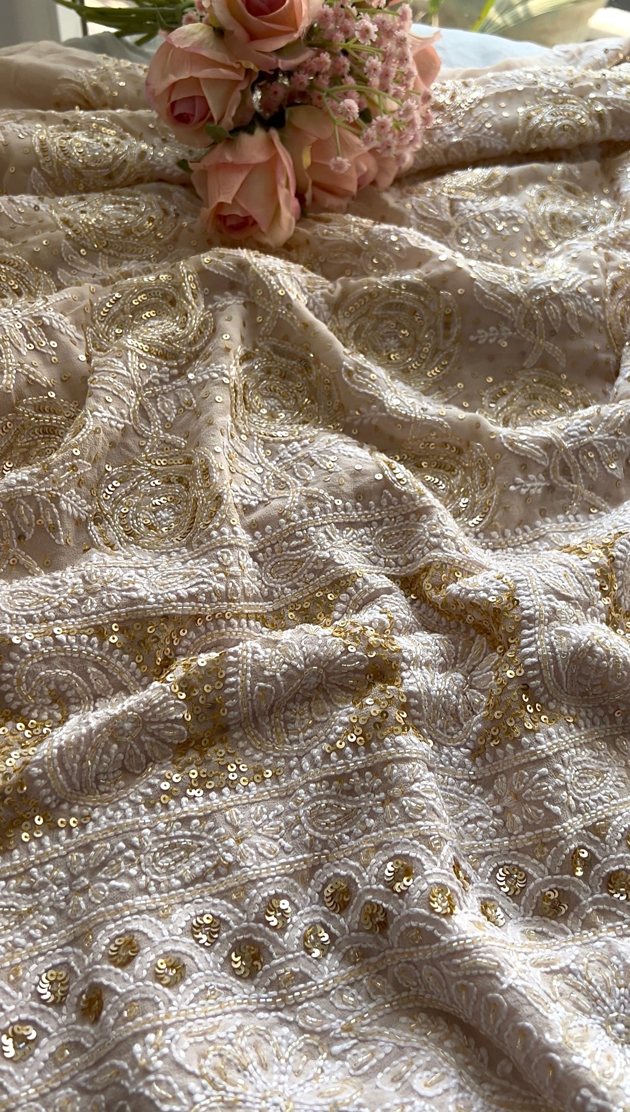 Ruhani Ivory Pink Chikankari golden cut dana sequins kurta and dupatta