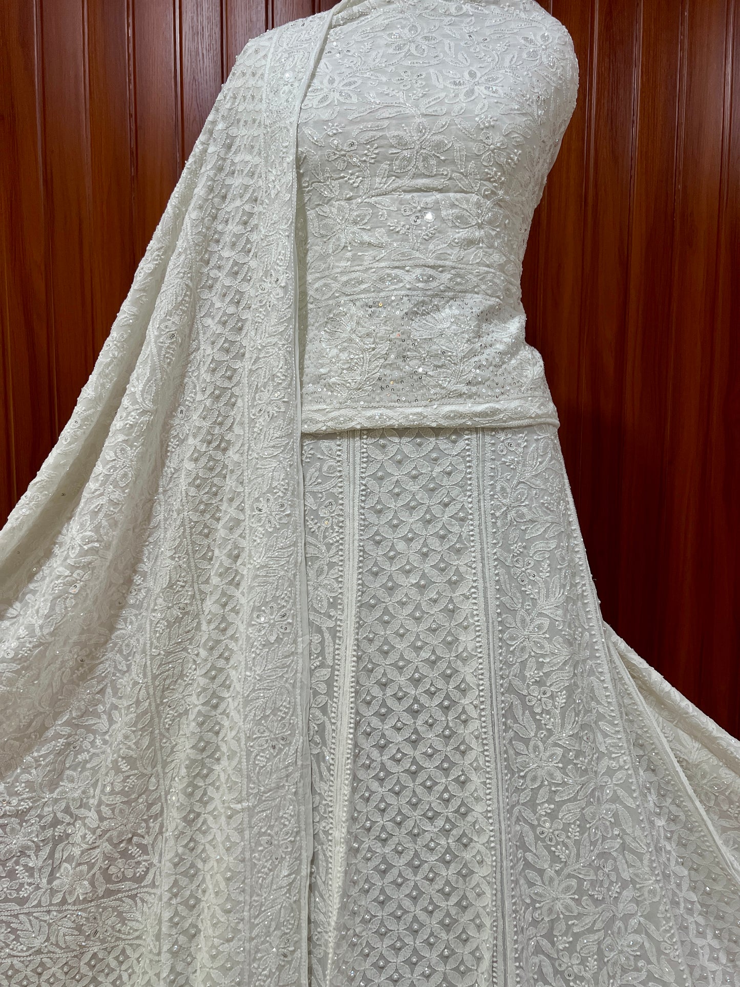 Ruhani White Chikankari Cut Dana Pearl Sequins Wedding Lehenga