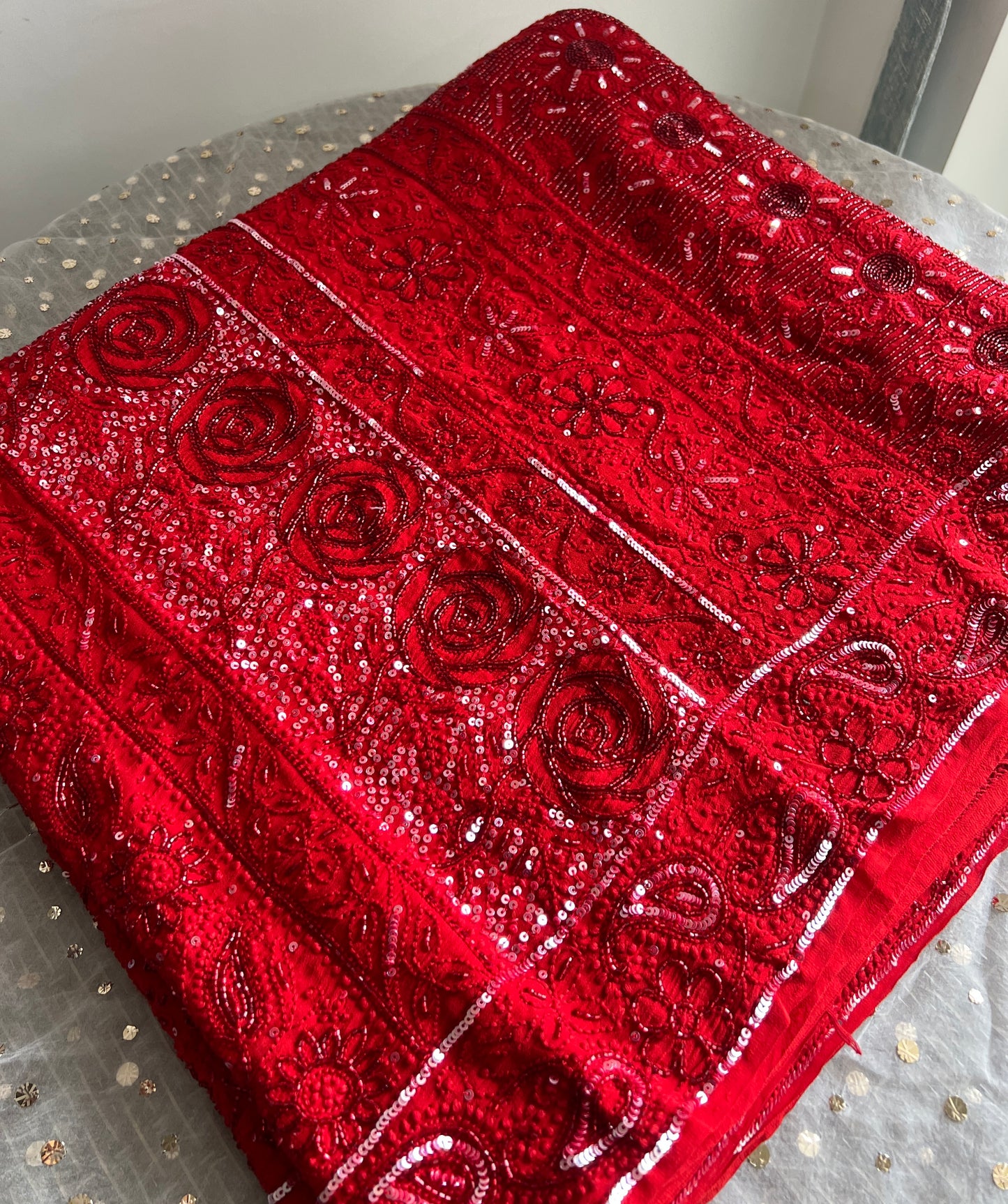 Red Gulaab Masterpiece Chikankari Cut Dana Sequins Saree