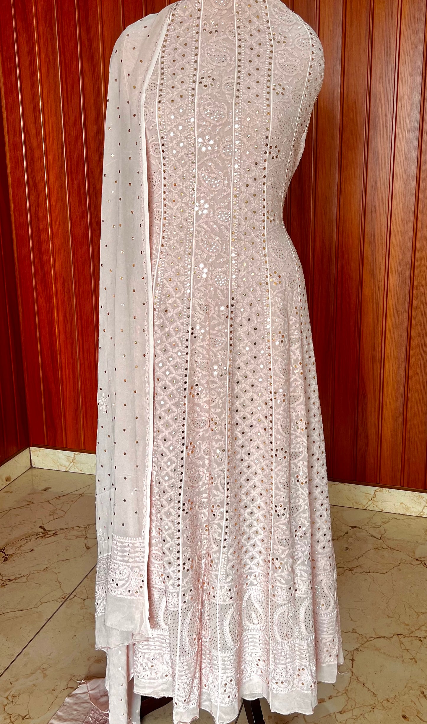 Oyster Pink Allover Chikankari and Heavy Mukaish Anarkali with Dupatta