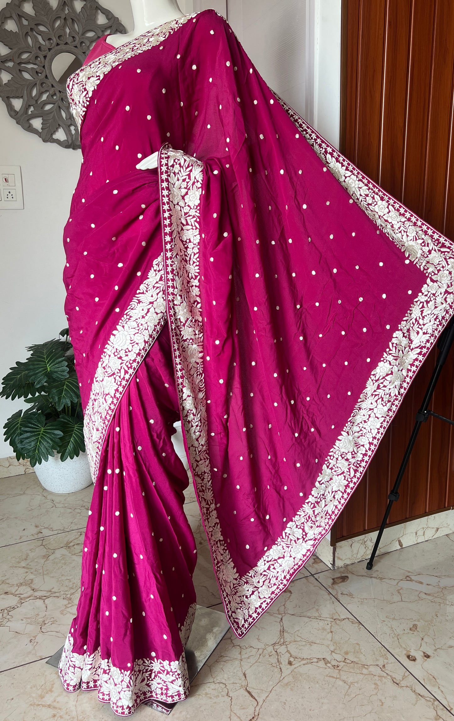 Fuchsia Pink Pure Crepe Parsi Gara Hand Embroidered Saree