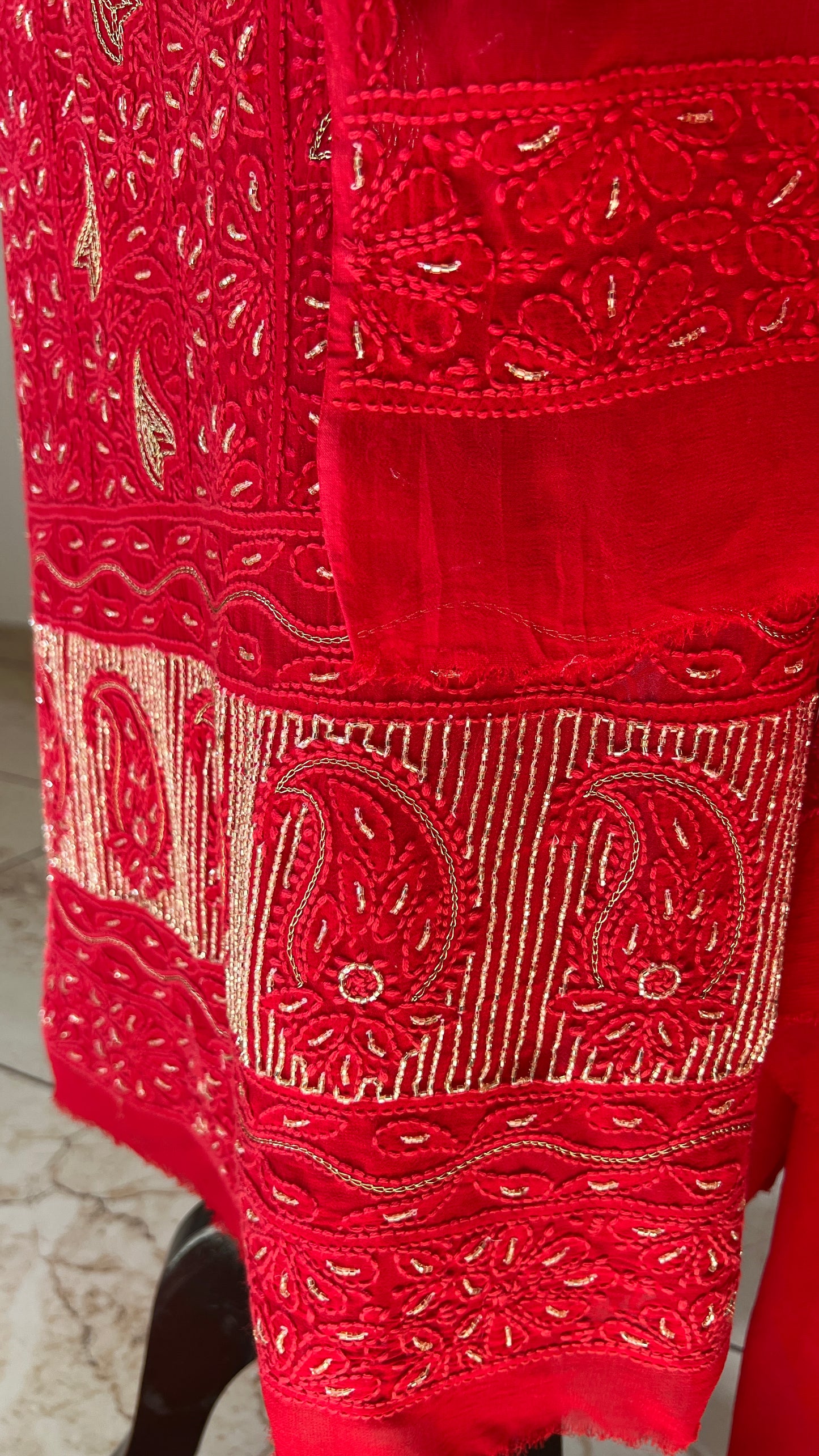 Red Chikankari golden Cut Dana and aari work Kurta and Dupatta