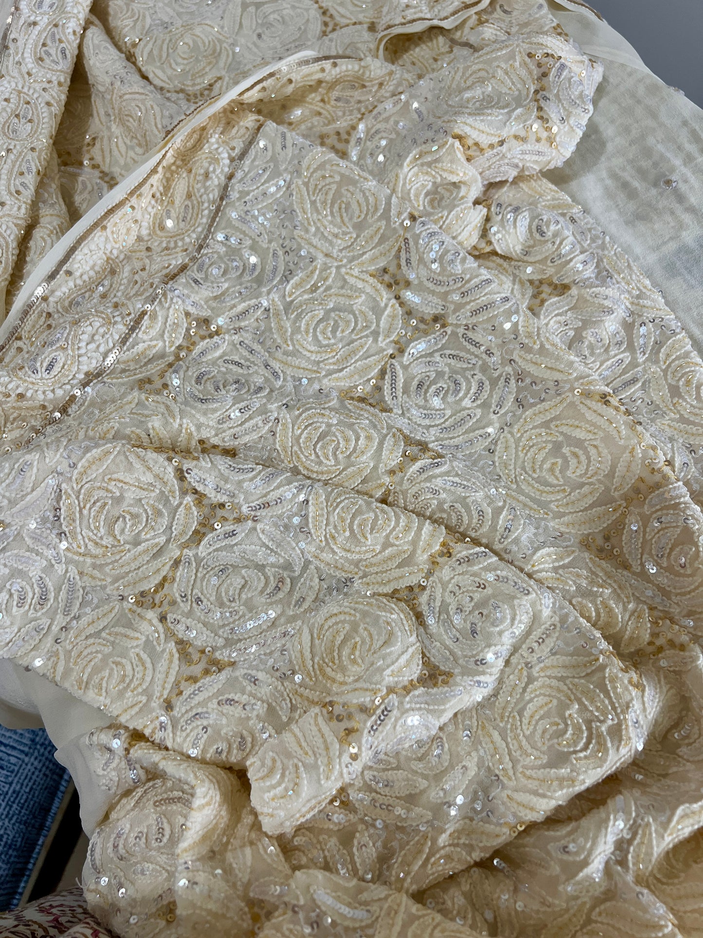 Ruhani Ivory Chikankari Sequins Cut Dana Embroidered Masterpiece Saree