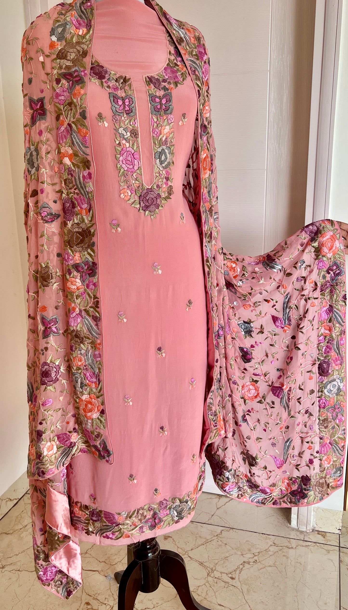 Coral Pink Hand Embroidered Parsi Gara full suit