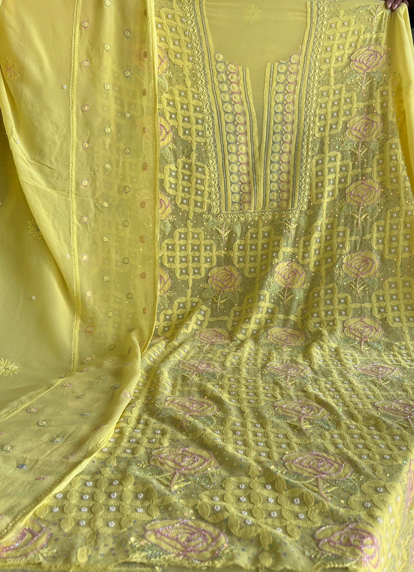 Ruhani Bright Yellow Chikankari pearl cut dana Kurta and Dupatta