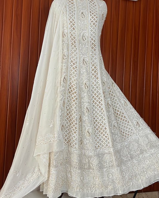 Ivory Chikankari Cut Dana Sequins Embroidered Anarkali with Dupatta