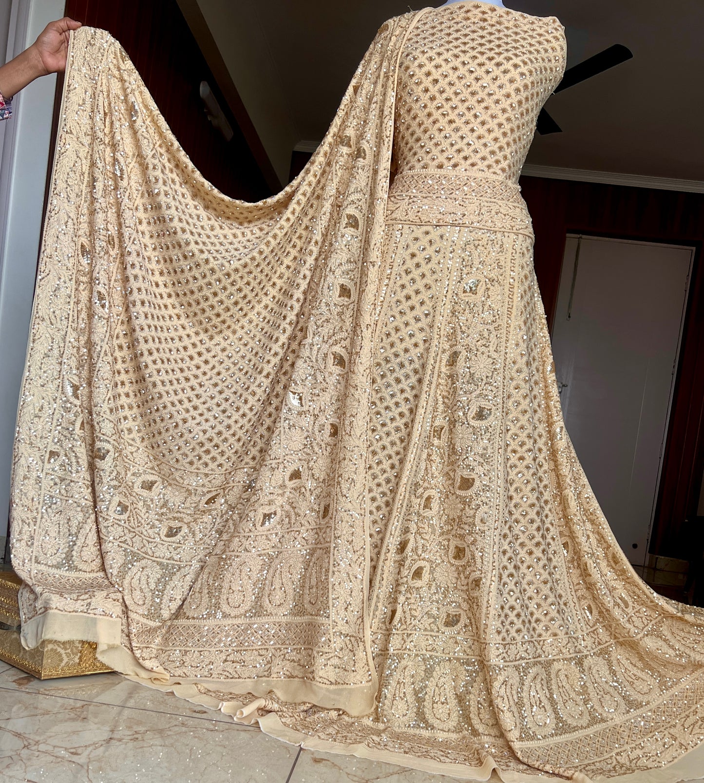 Masterpiece Ruhani Golden Beige Chikankari Sequins Wedding Lehenga
