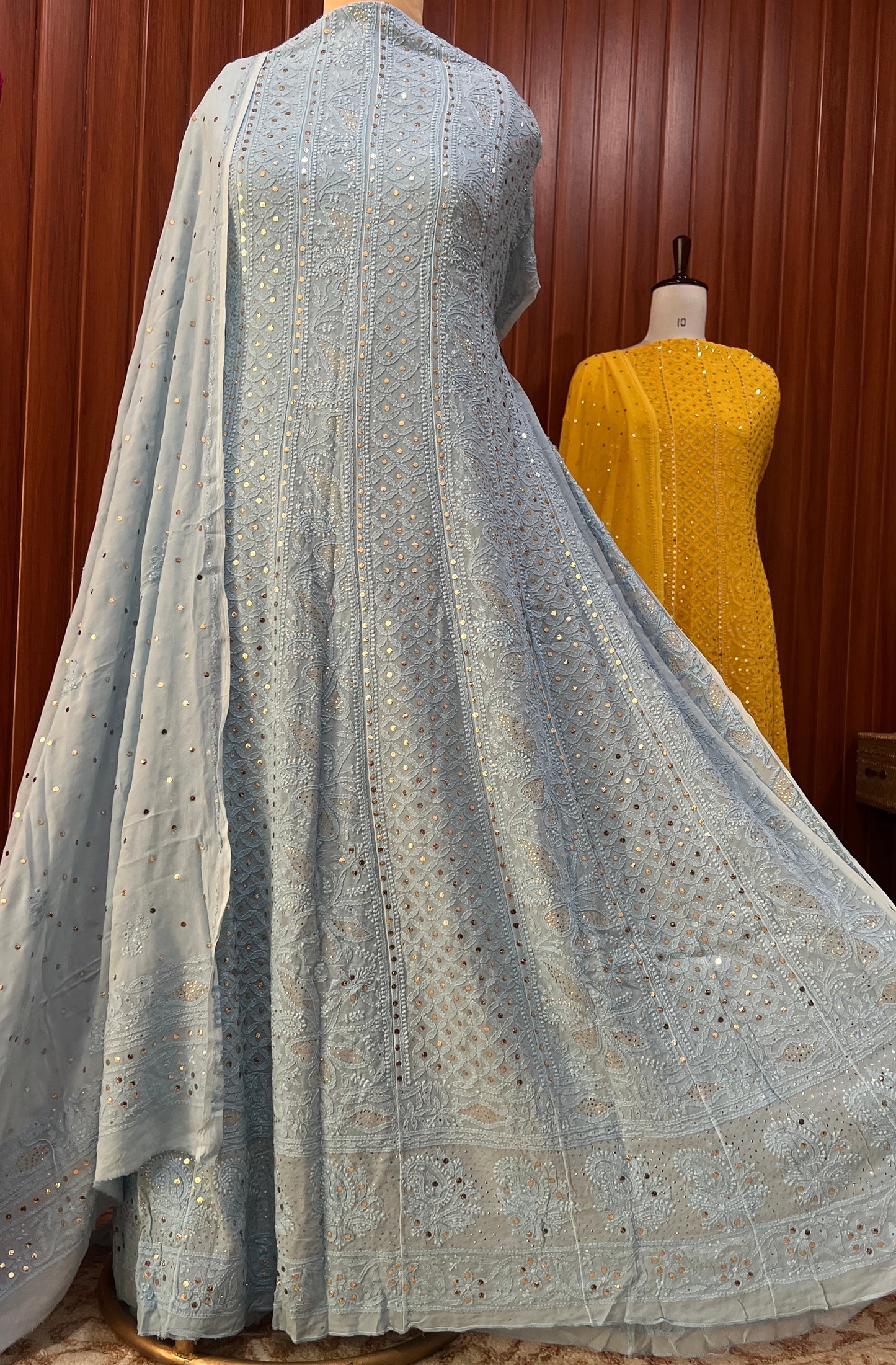 Sky Blue allover Chikankari and mukaish anarkali with dupatta