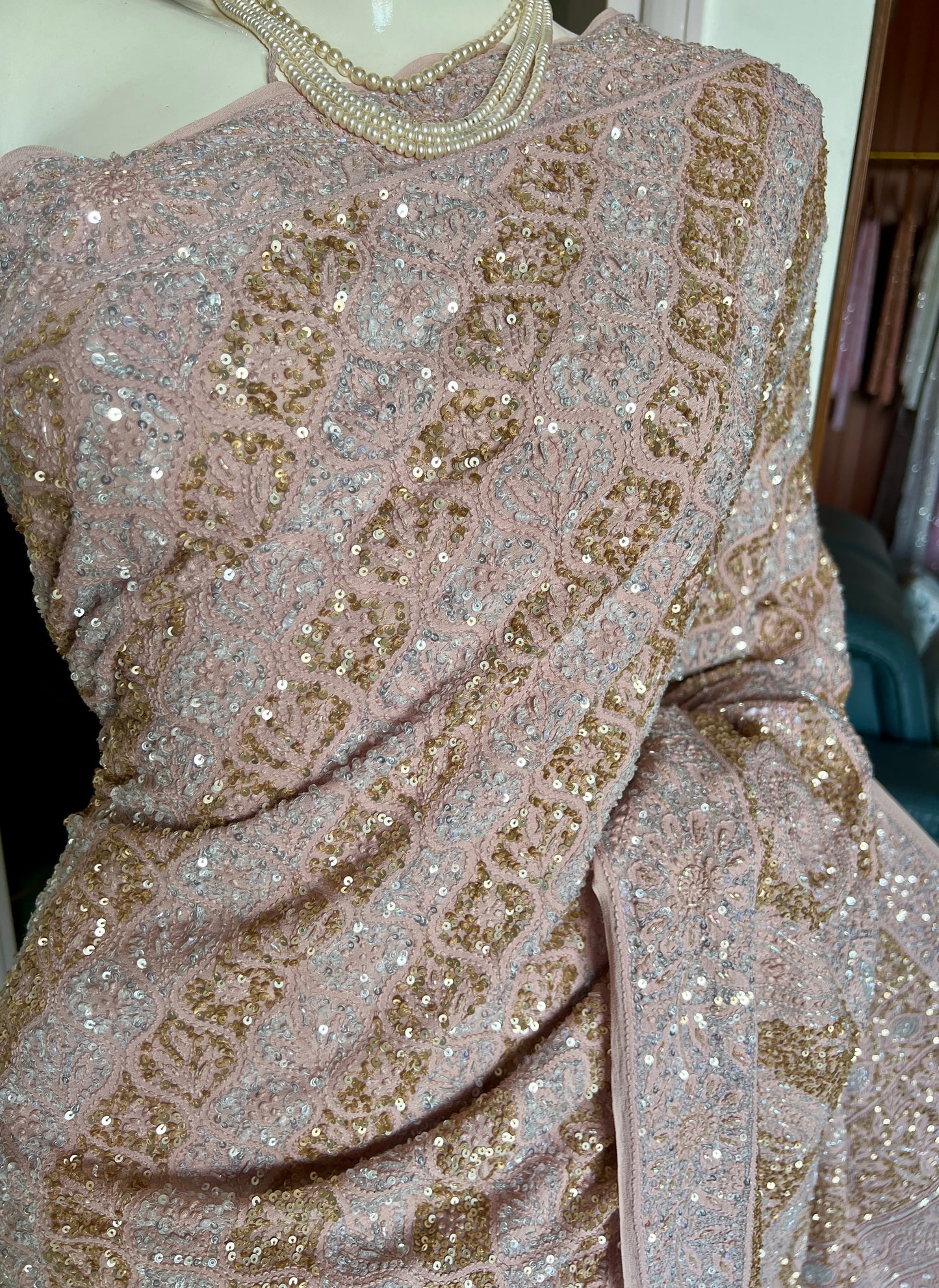 Ruhani Old Rose Chikankari Sequins Cut Dana Embroidered Masterpiece Saree