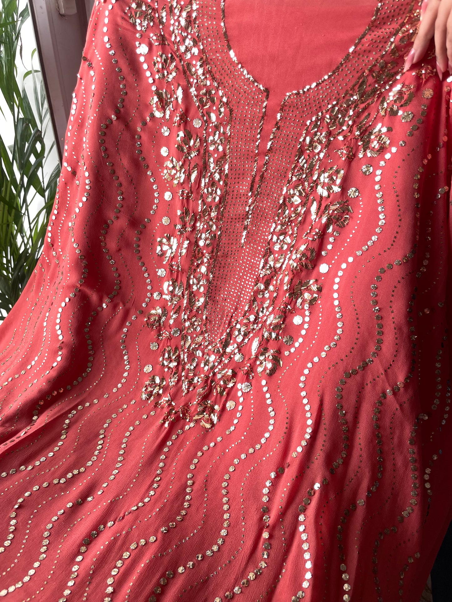 Coral Peach badla and mukaish work Kurta and Dupatta