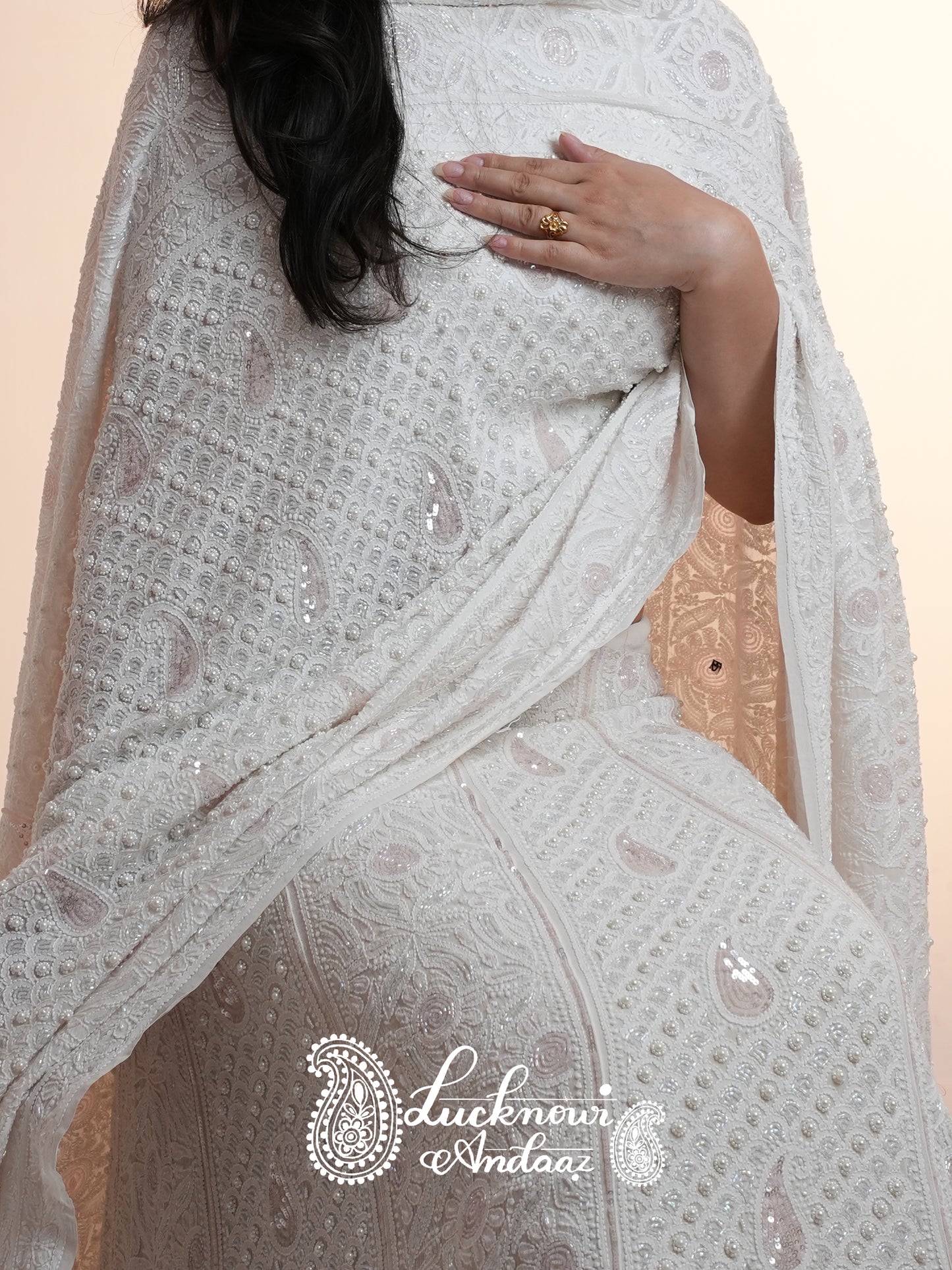 Ruhani Ivory Chikankari Pearl and Pink Cut Dana Sequins Wedding Lehenga