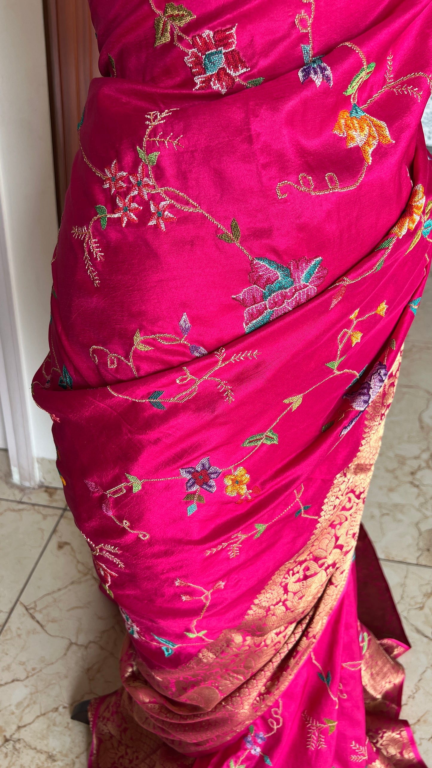 Hot Pink Petit Point Hand Embroidered Saree