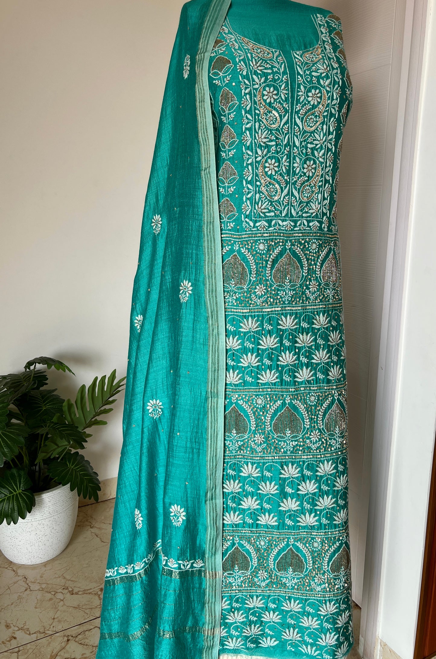 Moonga Silk Chikankari golden cut dana sequins kurta and dupatta