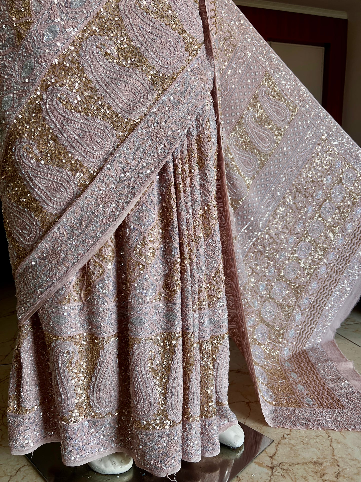 Ruhani Old Rose Chikankari Sequins Cut Dana Embroidered Masterpiece Saree