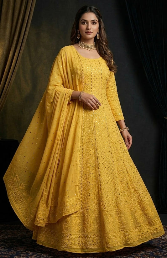 Yellow allover Chikankari and mukaish anarkali with dupatta