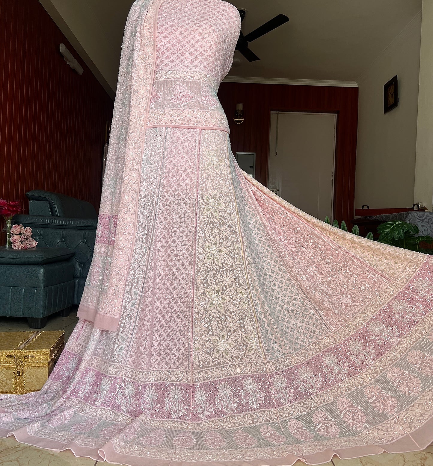 Pink Ruhani Chikankari Lehenga with Multicolored Cut Dana and sequins Work
