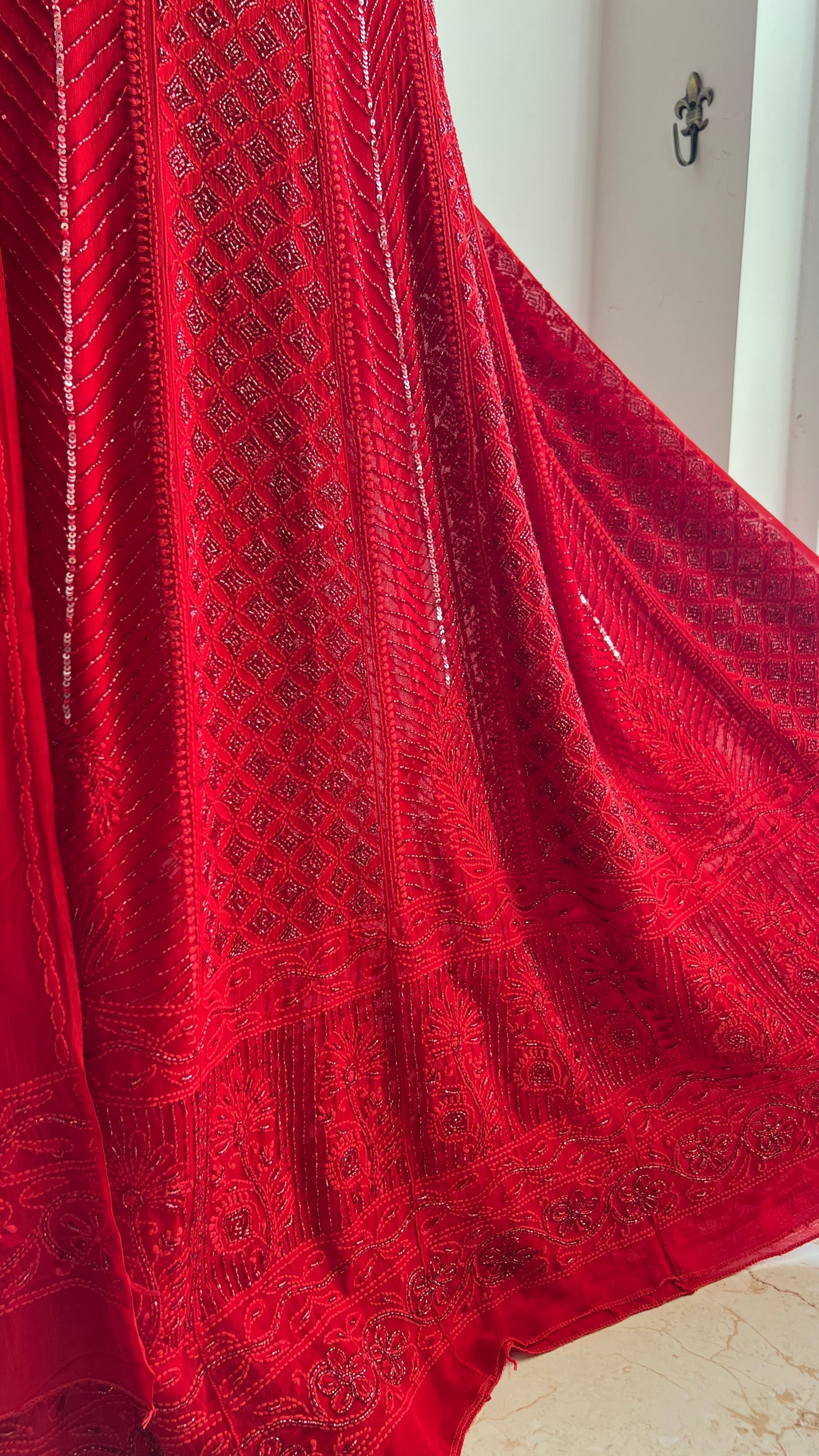 Red Chikankari Cut Dana and sequins Anarkali with Dupatta