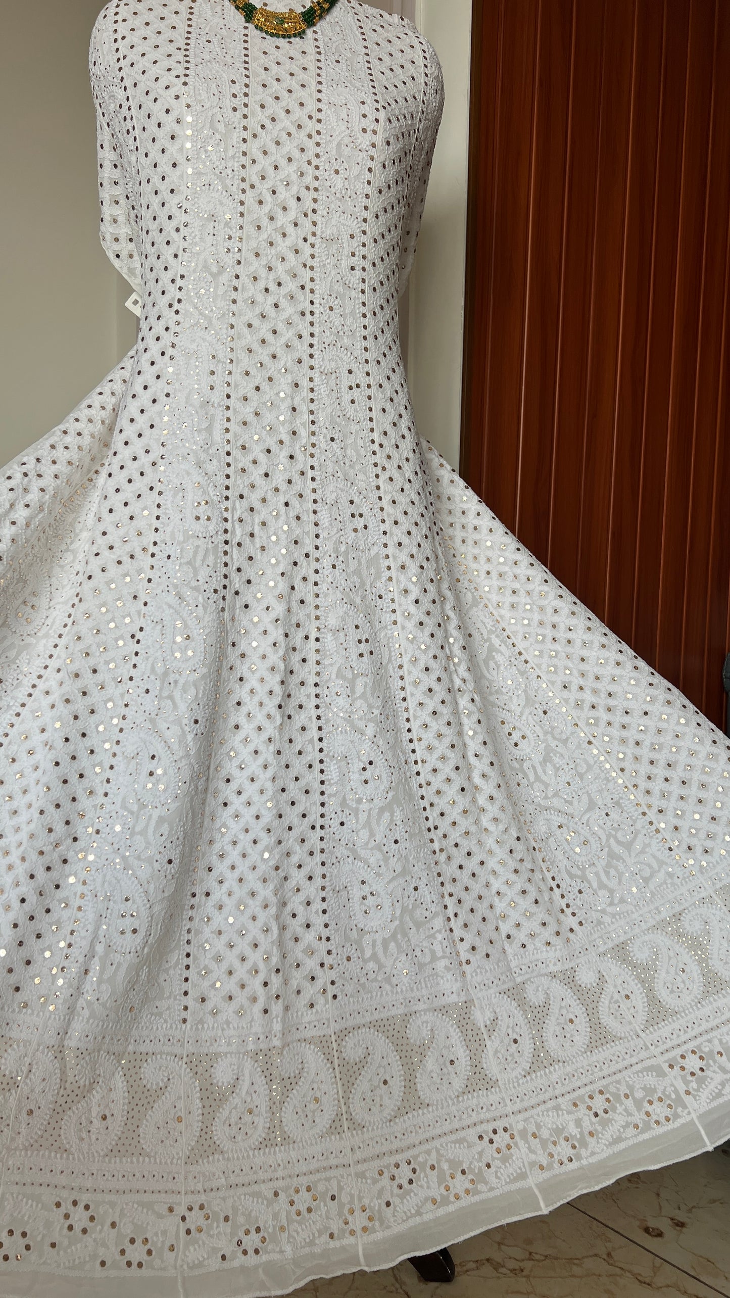 White allover Chikankari and mukaish anarkali with dupatta