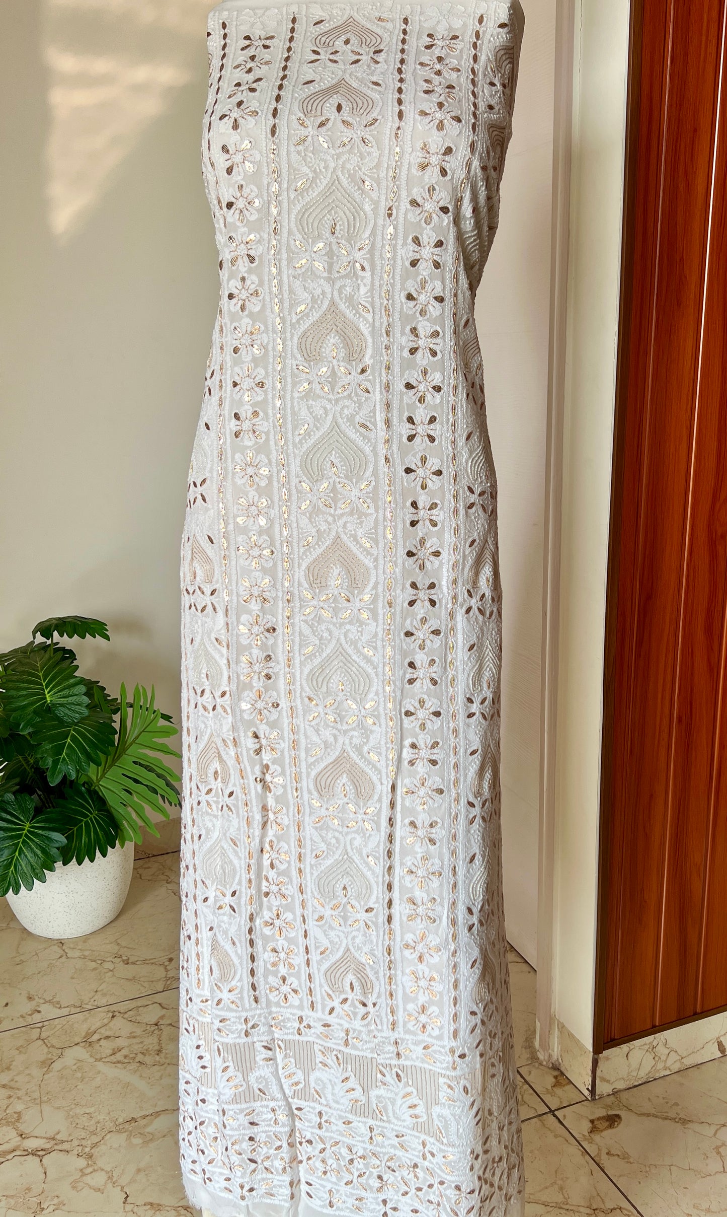 White Chikankari gota patti and pearl work kurta and Dupatta