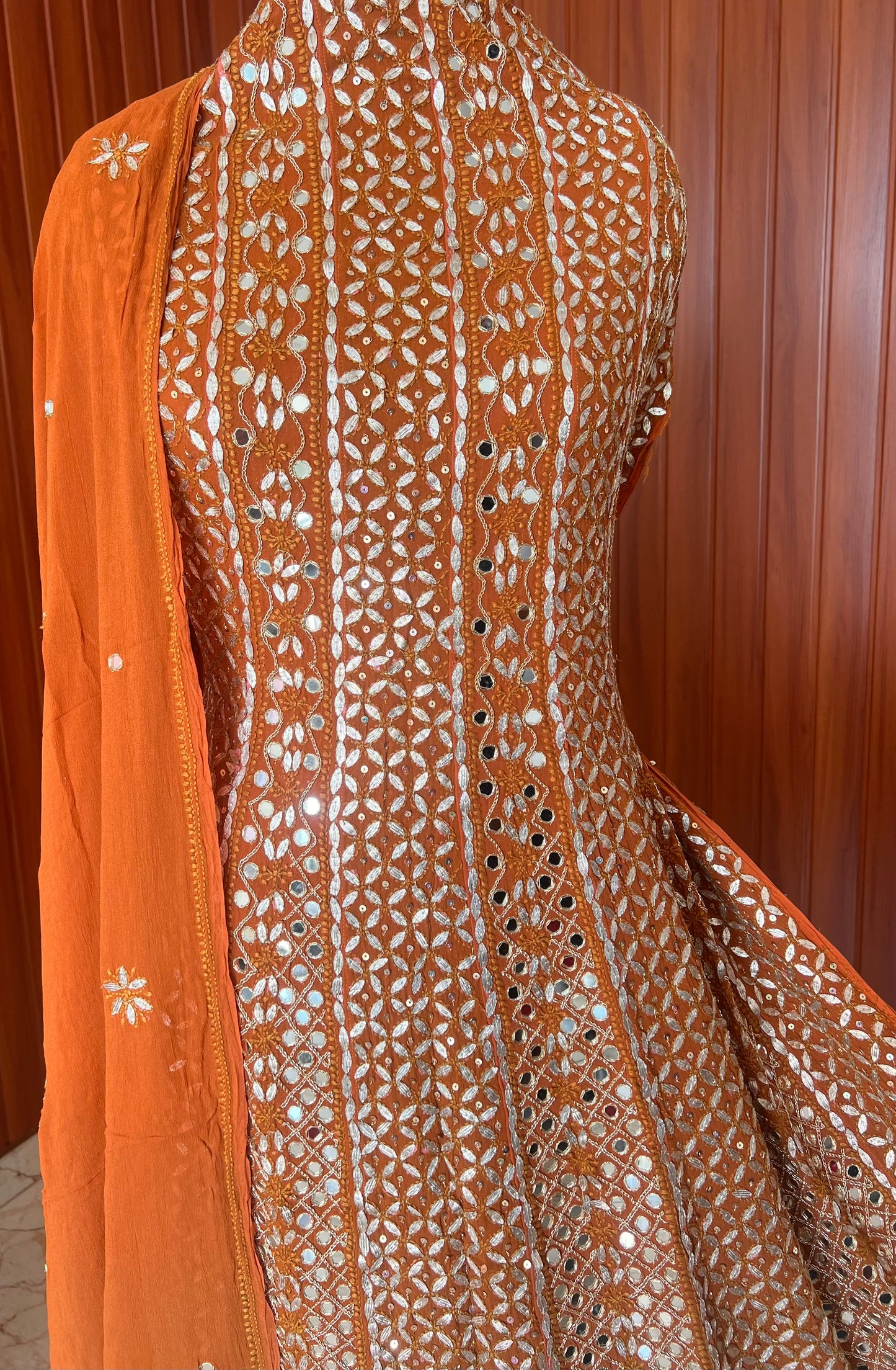 Rust Orange Chikankari Mirror Gota Sequins Work Anarkali with Dupatta