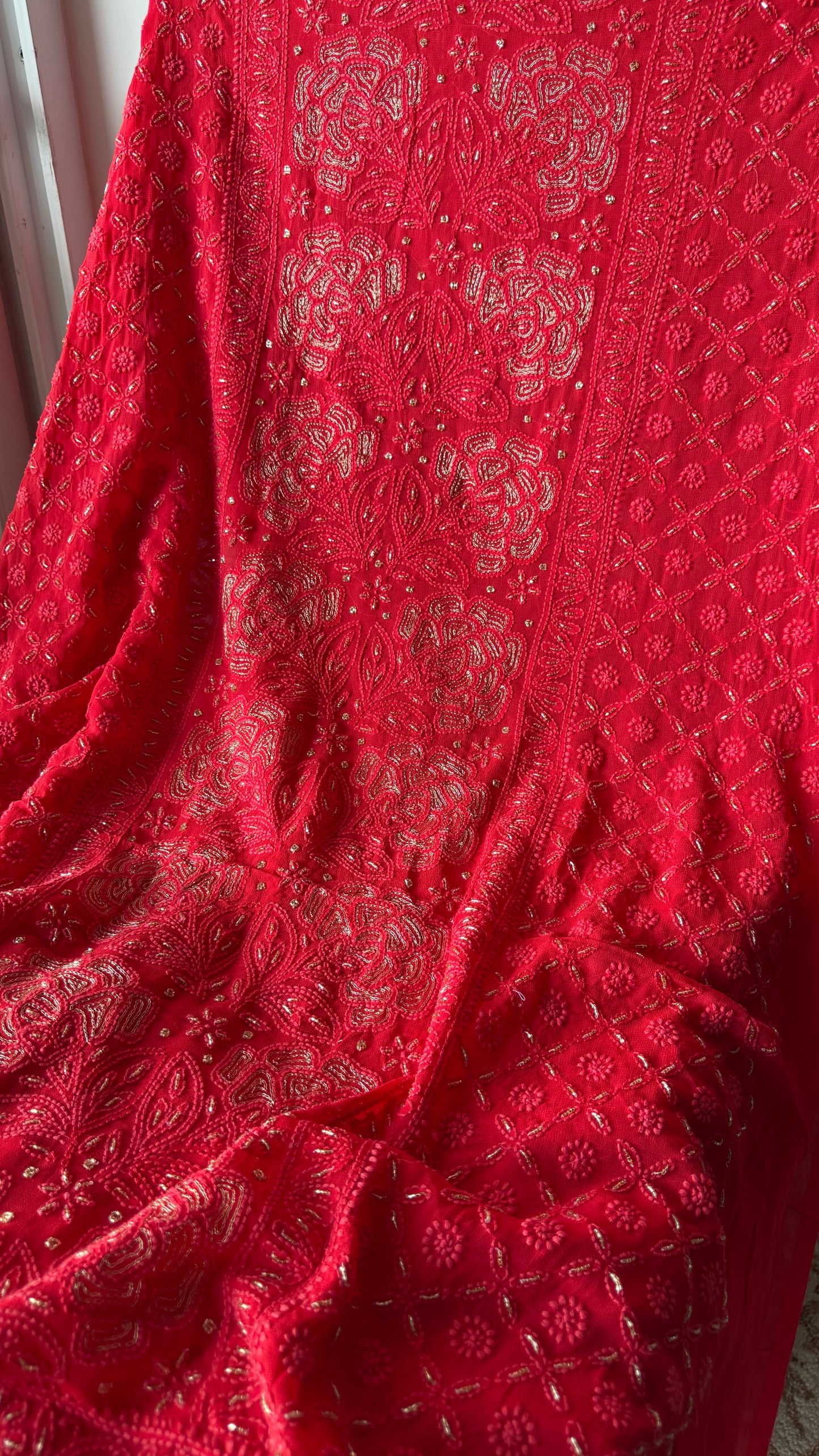 Gajri Red Chikankari golden Cut Dana and aari work Kurta and Dupatta