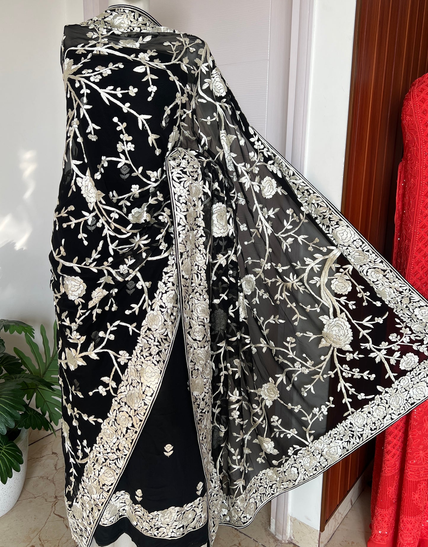 Black Masterpiece Hand Embroidered Parsi Gara jaal dupatta with kurta