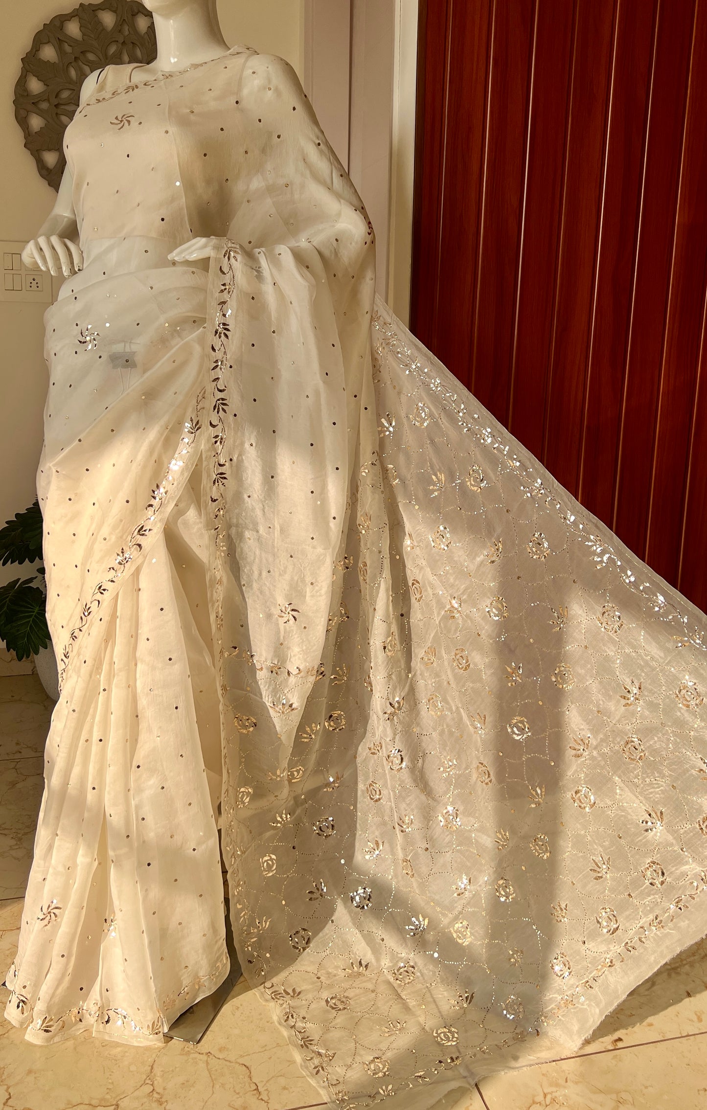 Ivory Pure Organza Saree with Badla and Mukaish Work