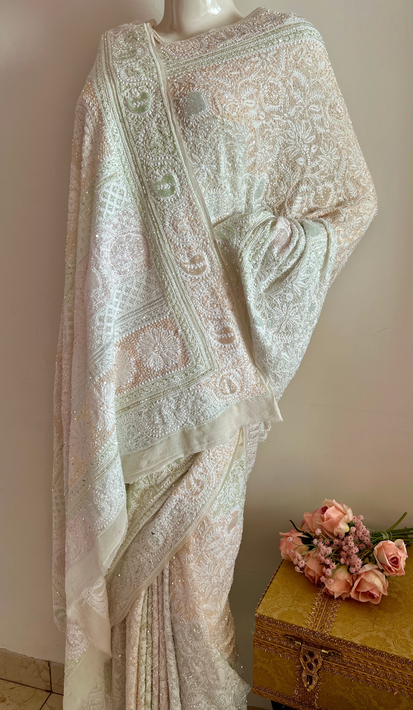 Ruhani Ivory Chikankari Multi Cut Dana and Sequins Saree