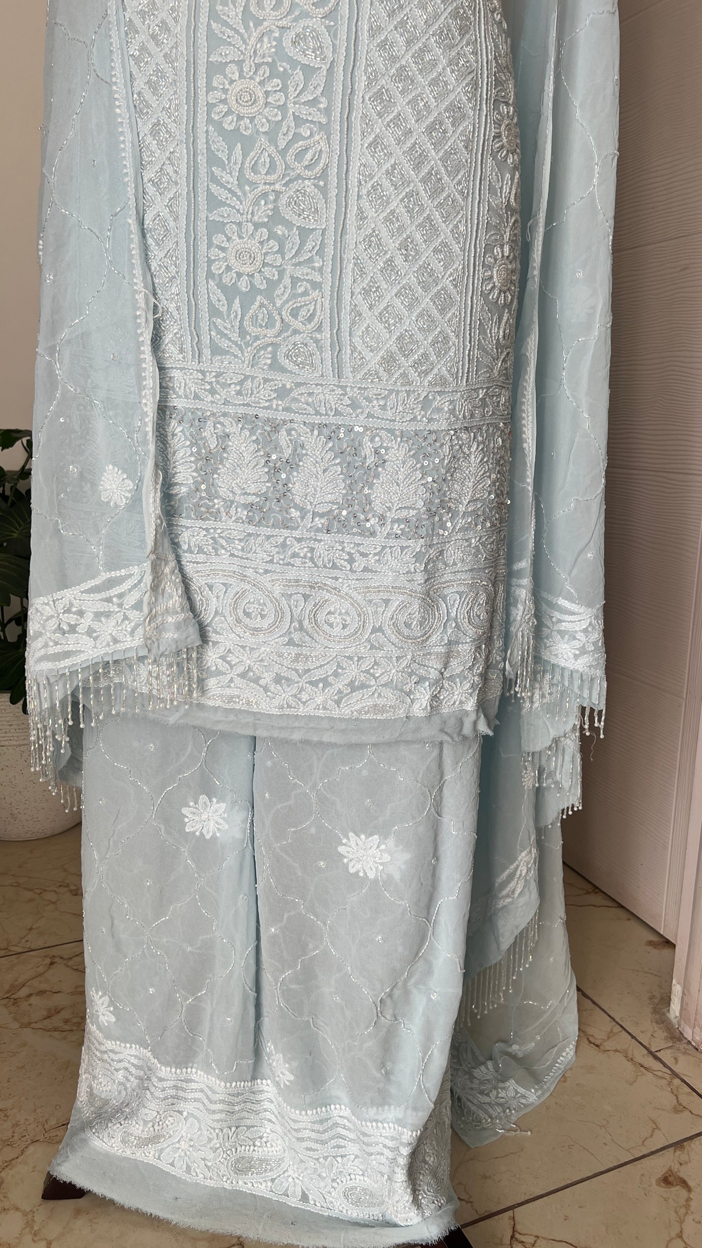 Sky Blue Chikankari cut dana and pearl work full suit