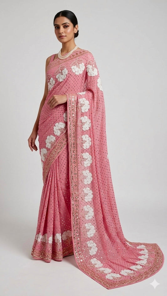 Rose Pink Ruhani Allover Heavy Badla Pearl Mukaish and Aari Embroidered Saree