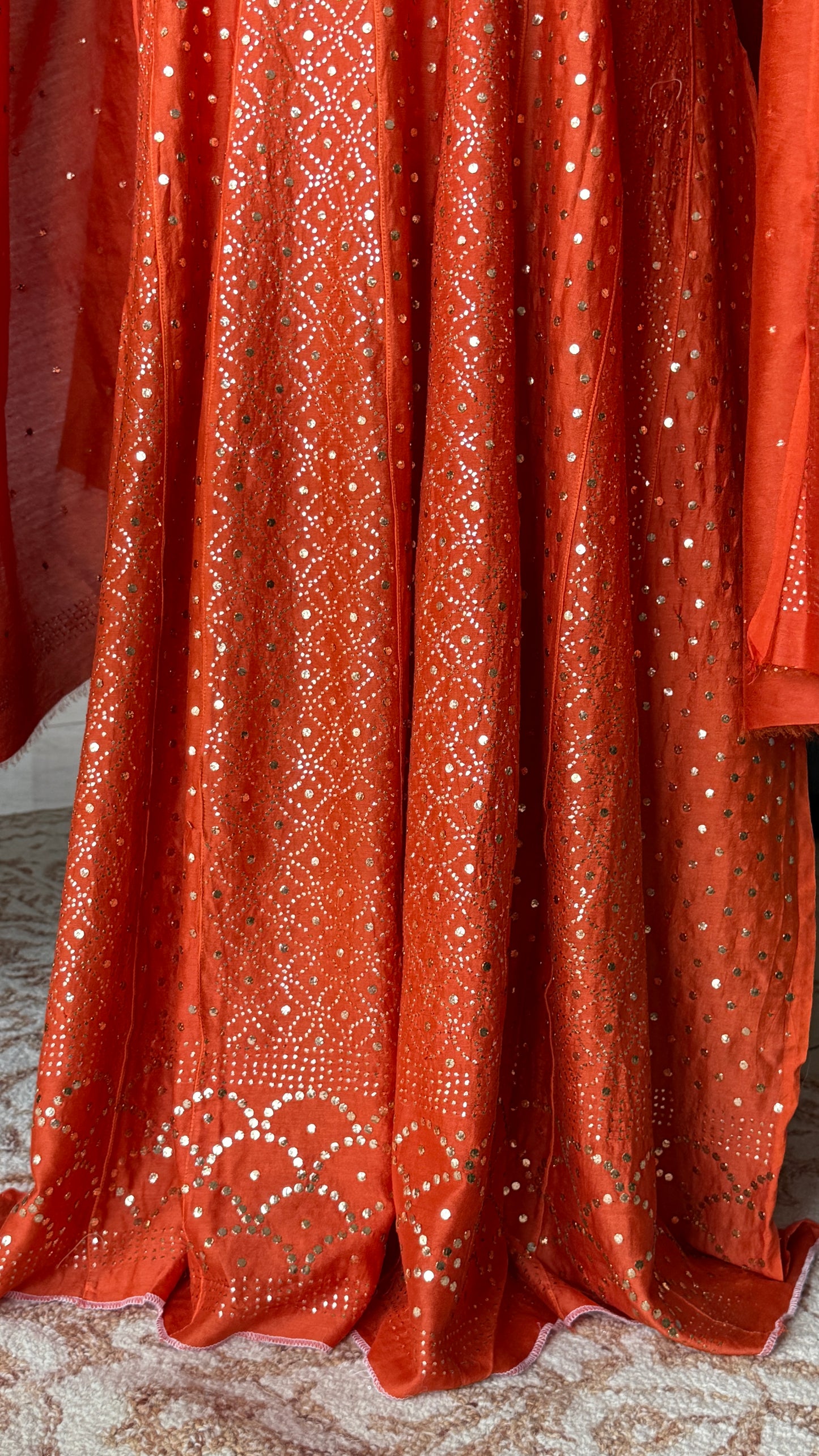 Rust Orange Allover Heavy Mukaish Chanderi Silk Anarkali with Dupatta