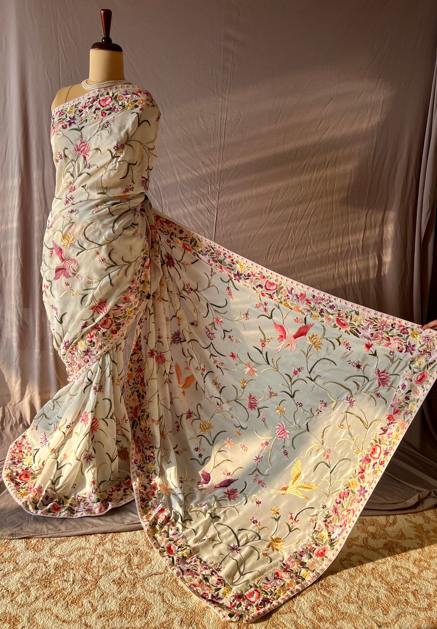 Ivory Parsi Gara Allover Hand Embroidered Saree on Pure Crepe
