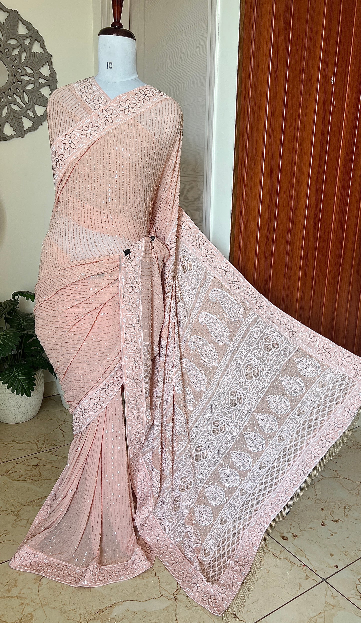 Ruhani Old Rose Chikankari Cut Dana and sequins Saree