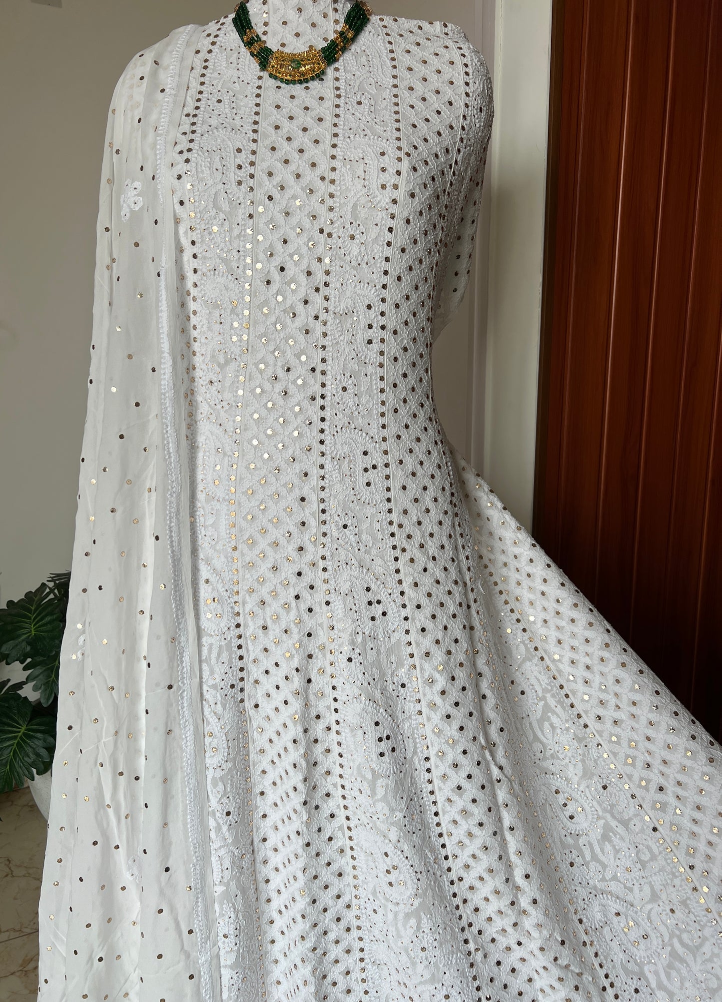 White allover Chikankari and mukaish anarkali with dupatta